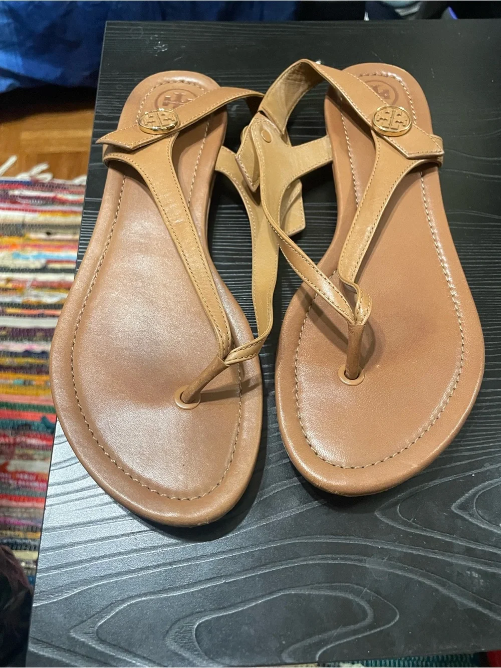 Tory Burch Light Brown Leather Logo Thong Sandals